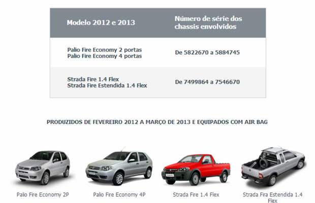 Fiat faz recall de 81,7 mil veículos por problema no Airbag