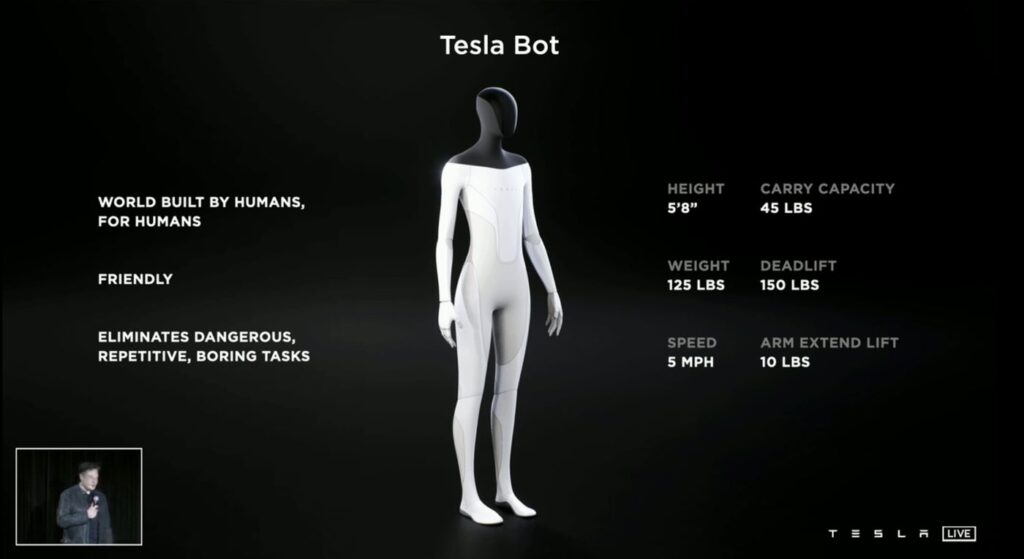 Robô anunciado pela Tesla será chamado de "Tesla Bot", mas ainda não tem previsão de lançamento - Foto: Reprodução/Tesla