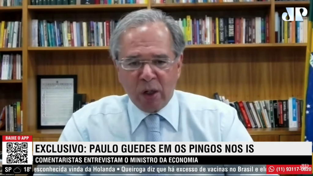 O Ministro Paulo Guedes concedeu entrevista à Jovem Pan durante a quarta-feira (15) - Foto: Reprodução/YouTube