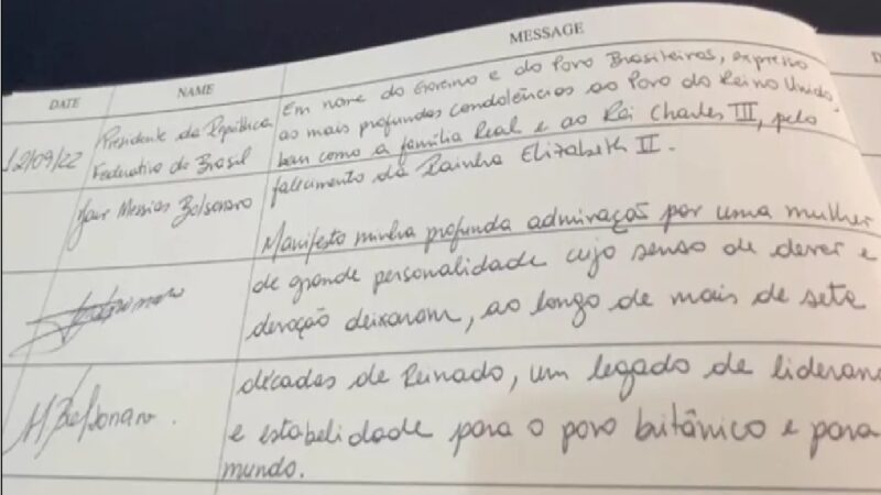 Veja o que escreveu Bolsonaro no livro de condolências da rainha