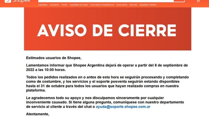 Shopee encerra operações na Argentina