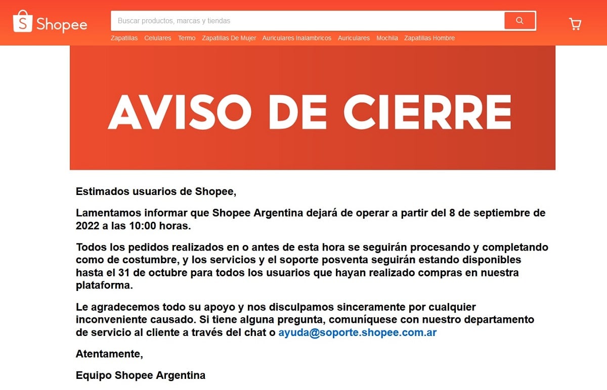 Shopee cierra operaciones en Argentina