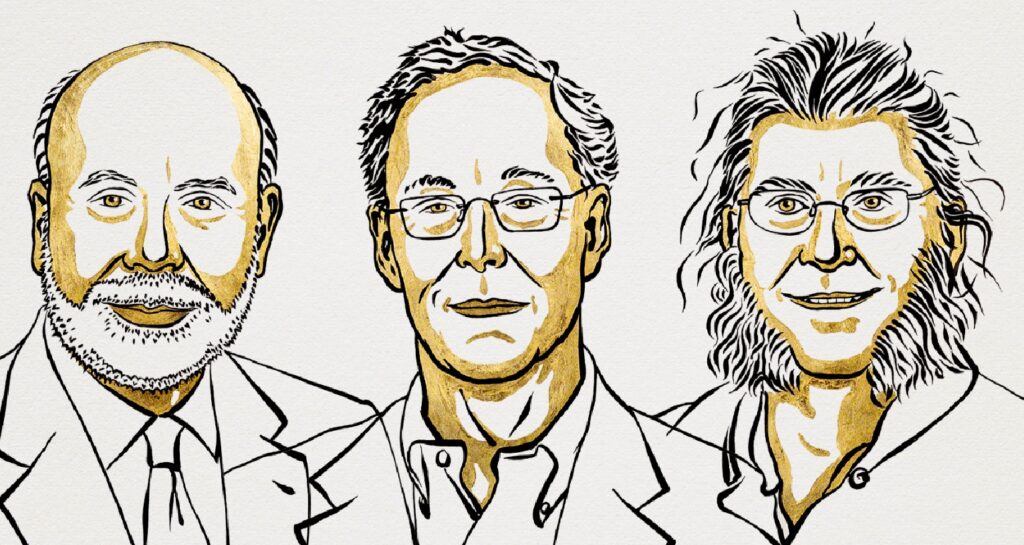 Bernanke, Diamond e Dybvig, da esquerda para a direita - Ilustração: Divulgação/Niklas Elmehed/The Royal Swedish Acadmy of Sciences