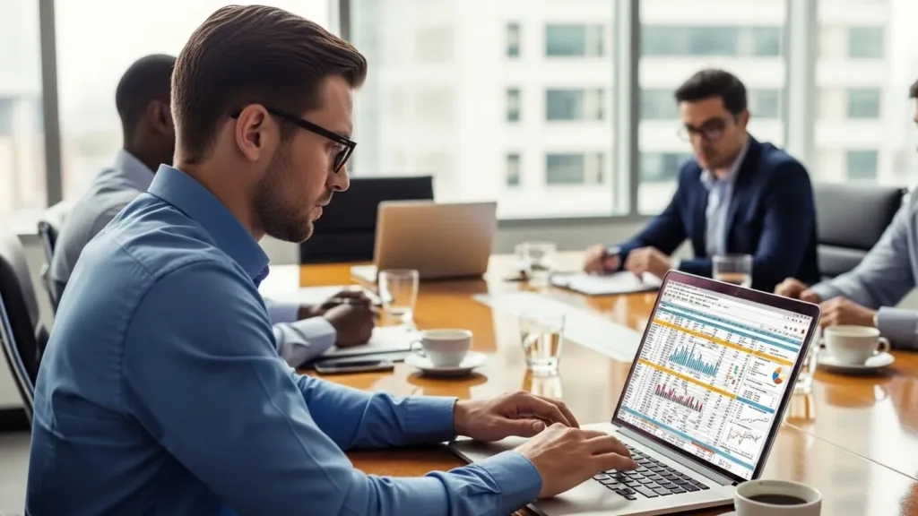 Um homem usando um laptop em uma sala de reuniões