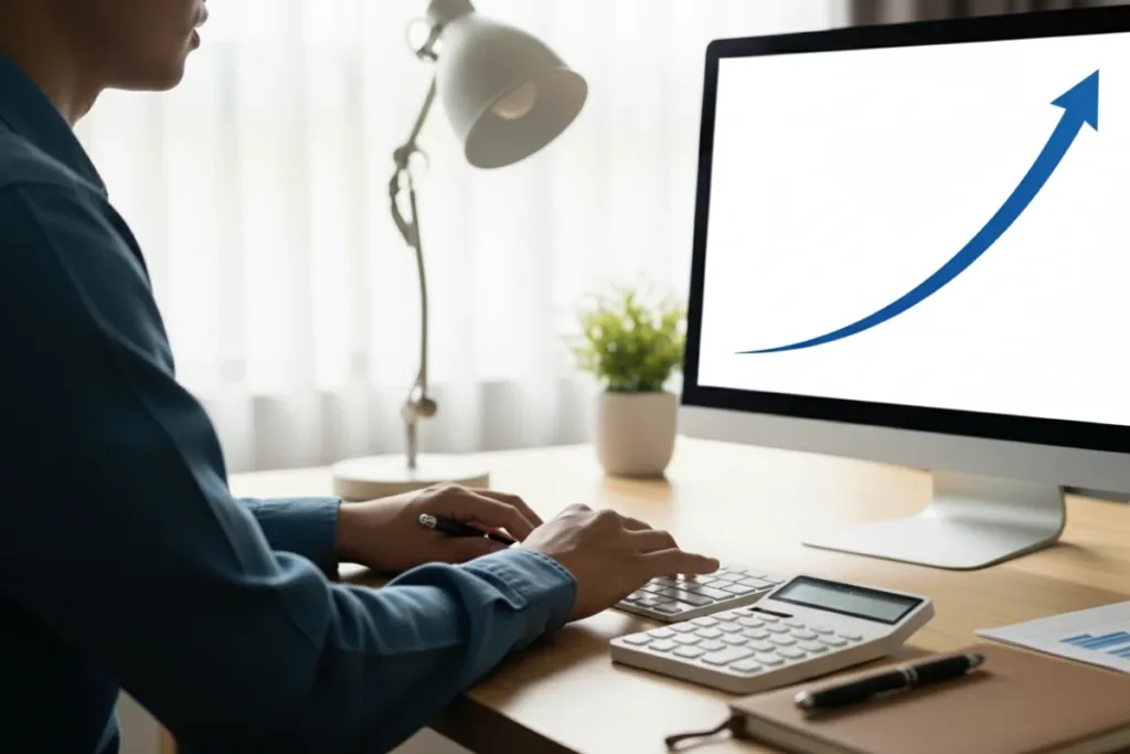 Pessoa em um escritório doméstico organizado utilizando um computador que exibe um gráfico de crescimento ascendente, com uma calculadora e cadernos sobre a mesa, representando o planejamento sobre onde investir R$ 500 por mês.