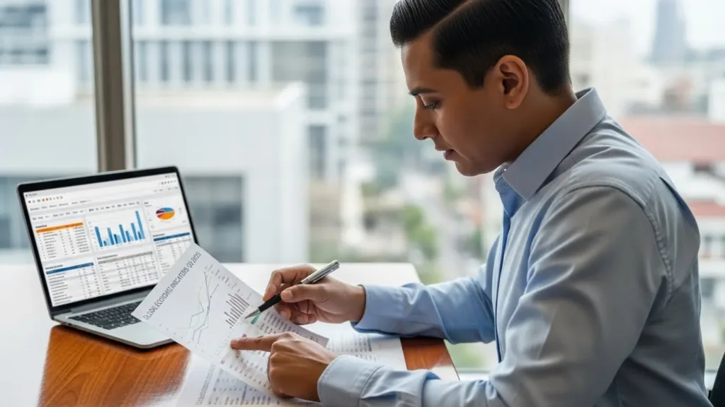 Um homem sentado em uma mesa com um laptop e papéis
