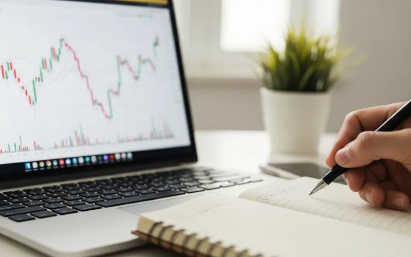 Uma pessoa escrevendo em um laptop com uma caneta e um caderno