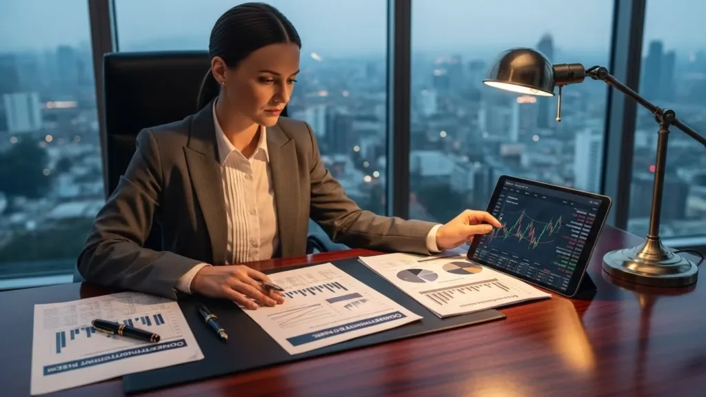 Uma mulher de terno sentada em uma mesa com um laptop e papéis