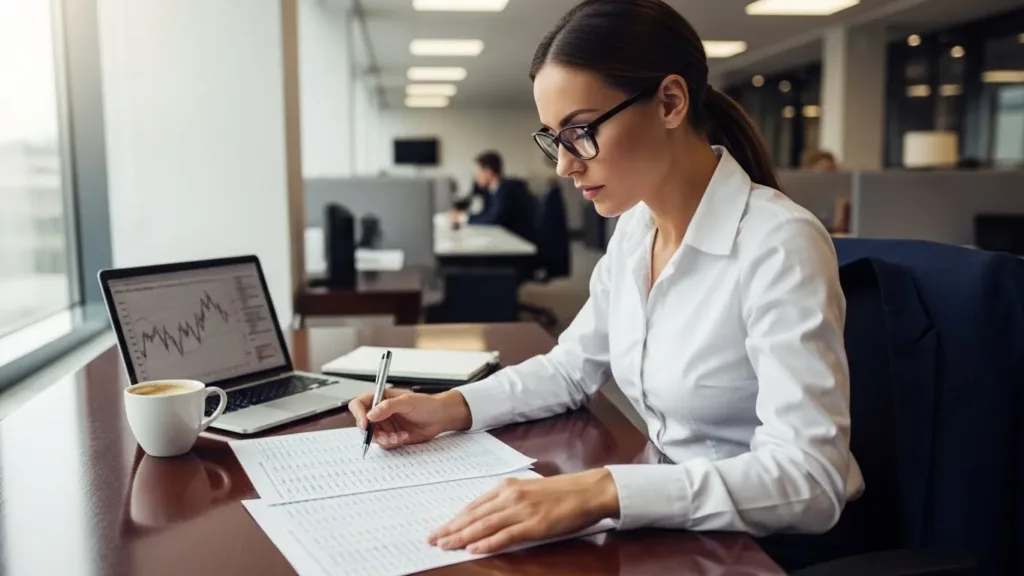 Uma mulher de camisa branca e óculos trabalhando em um laptop