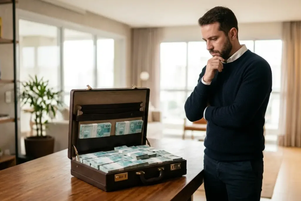 Texto alternativo Homem pensativo olhando maleta aberta com maços de notas de R$ 100, representando R$ 1 milhão em dinheiro