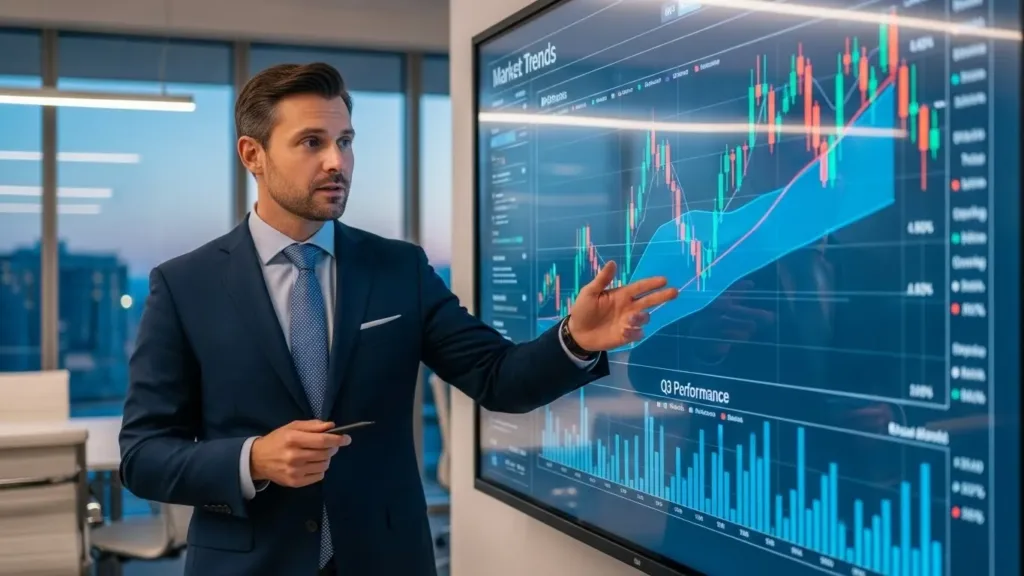 Um homem de terno aponta para uma tela com gráficos