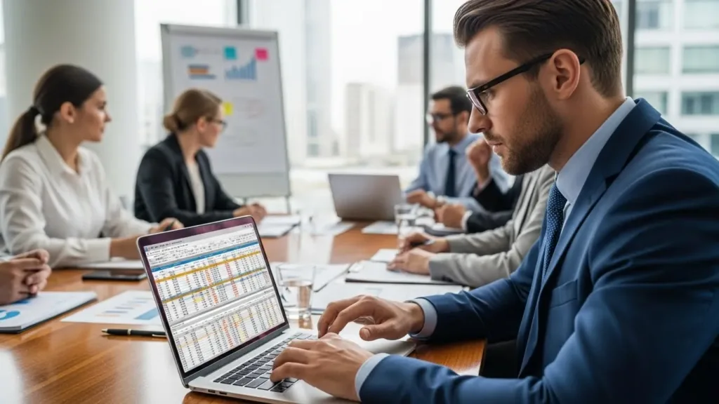 Um homem de terno sentado em uma mesa com um laptop