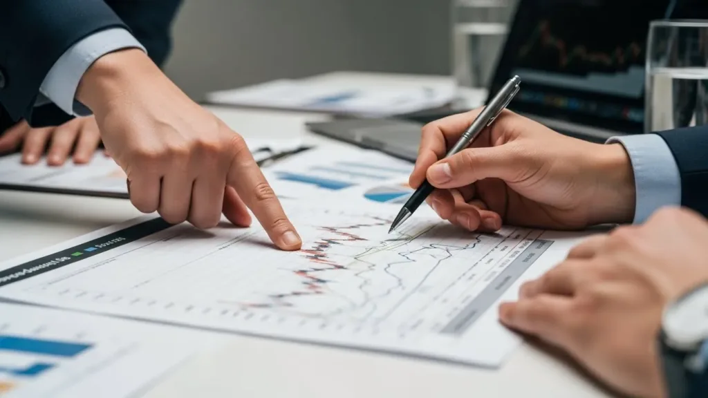 Duas pessoas trabalhando em uma mesa com papéis e caneta