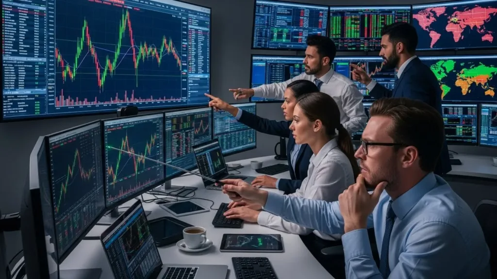 Pessoas negociando no mercado de ações, diante de monitores e mapas