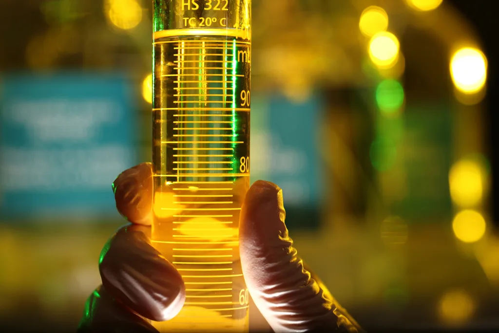 Frasco em laboratório de análise de diesel da Refinaria Landulpho Alves - RLAM. Foto: Agência Petrobras
