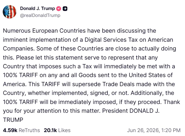 Donald Trump ameaça aplicar tarifa de 100% contra países que tributarem empresas de tecnologia dos EUA.
