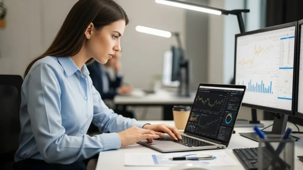 Uma mulher trabalhando em seu computador em uma mesa