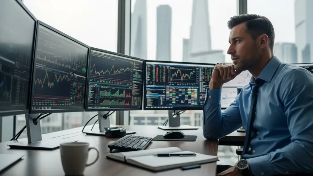 Um homem sentado em uma mesa com dois monitores e um computador