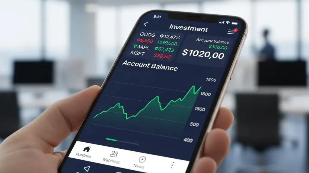 Uma pessoa segurando um telefone com um aplicativo financeiro na tela