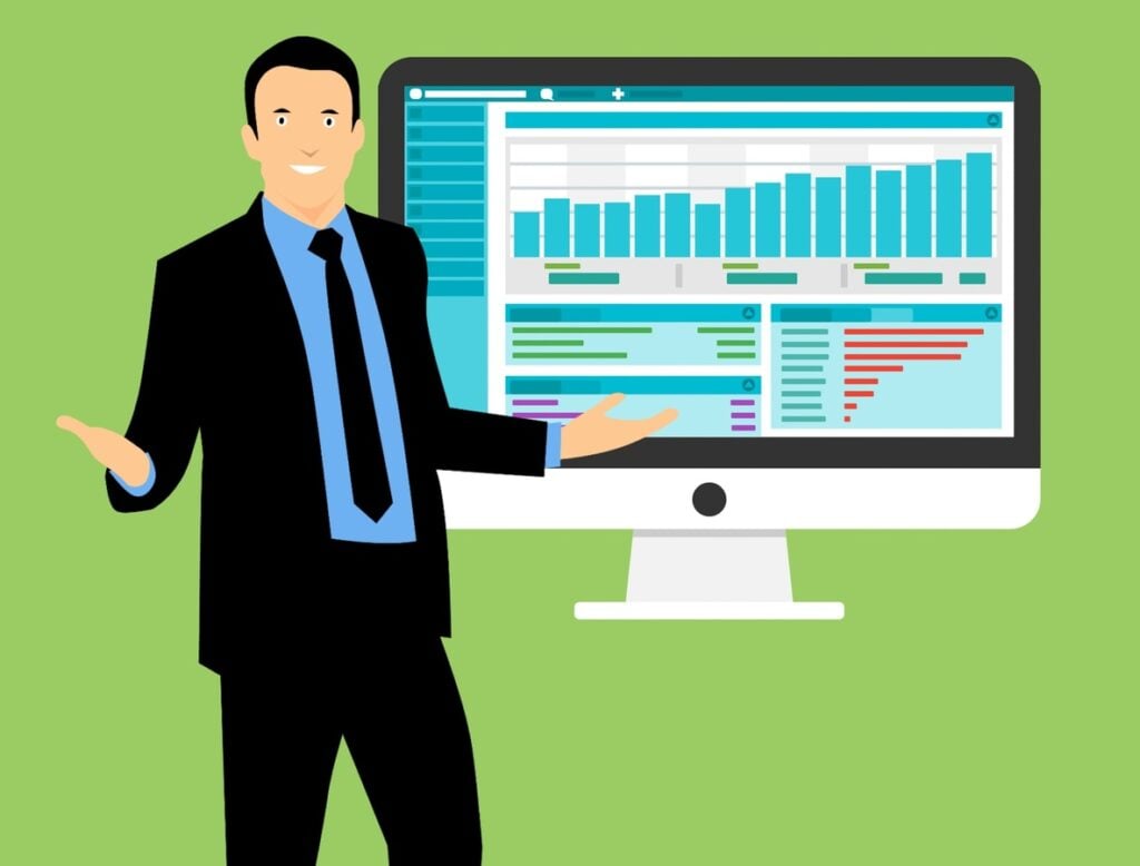 ilustração de homem em frente a uma tela de computador com gráficos para abordar investimento em LCI (Letra de Crédito Imobiliário).