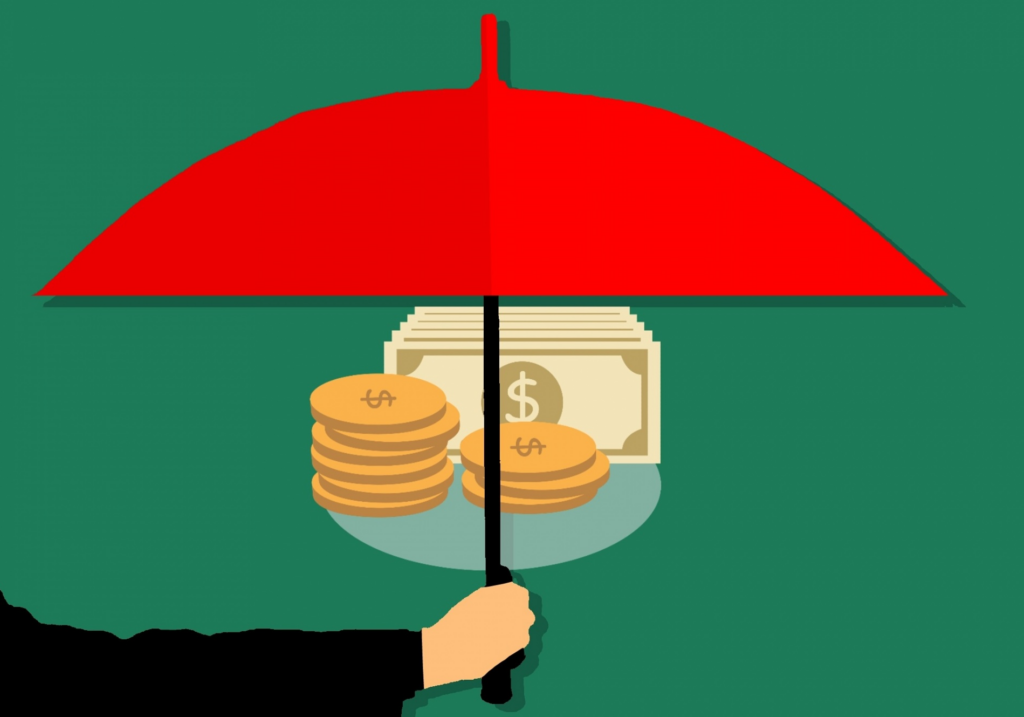 ilustração de uma pessoa segurando um guarda-chuva vermelho protegendo uma bandeja com moedas e cédulas de dinheiro para representar o investimento em LCI (Letra de Crédito Imobiliário).