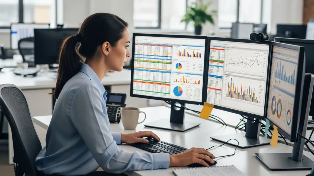 Uma mulher trabalhando em um computador em um escritório