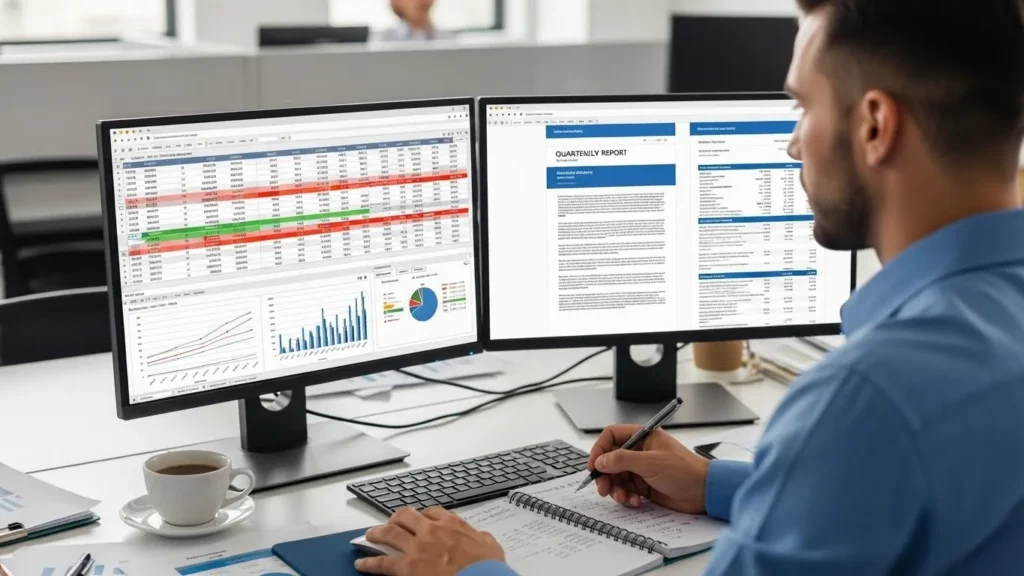 Um homem trabalhando em um computador em um escritório