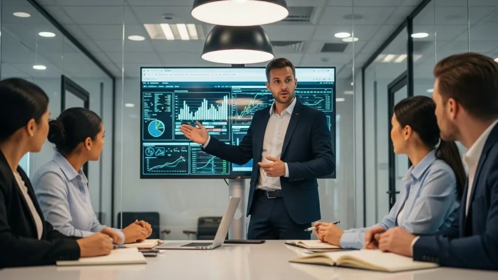 Um homem de terno está parado em uma mesa com três mulheres e um homem de terno está parado