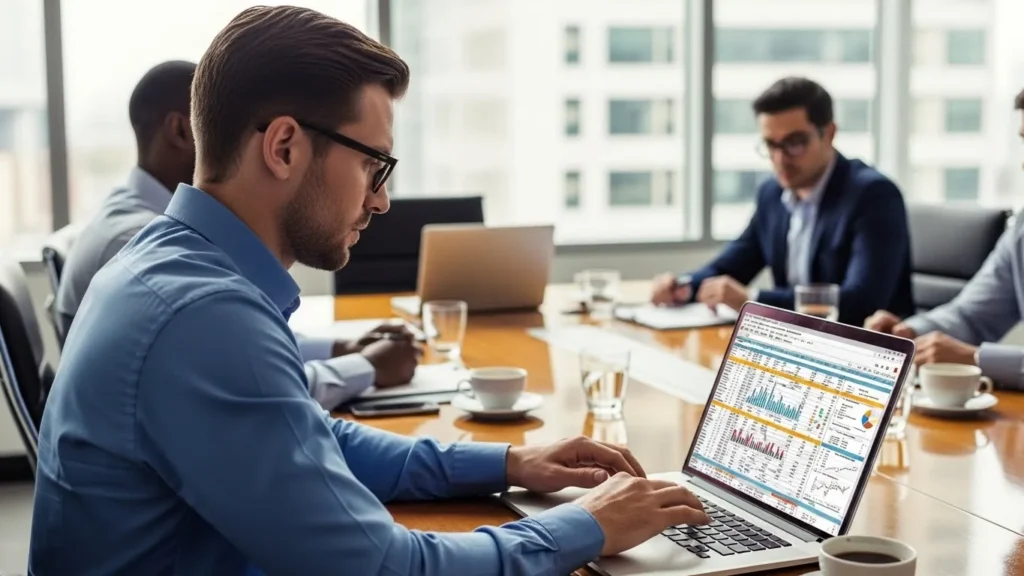 Um homem usando um laptop em uma sala de reuniões