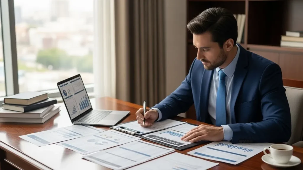 Um homem de terno sentado em uma mesa com papéis e um laptop